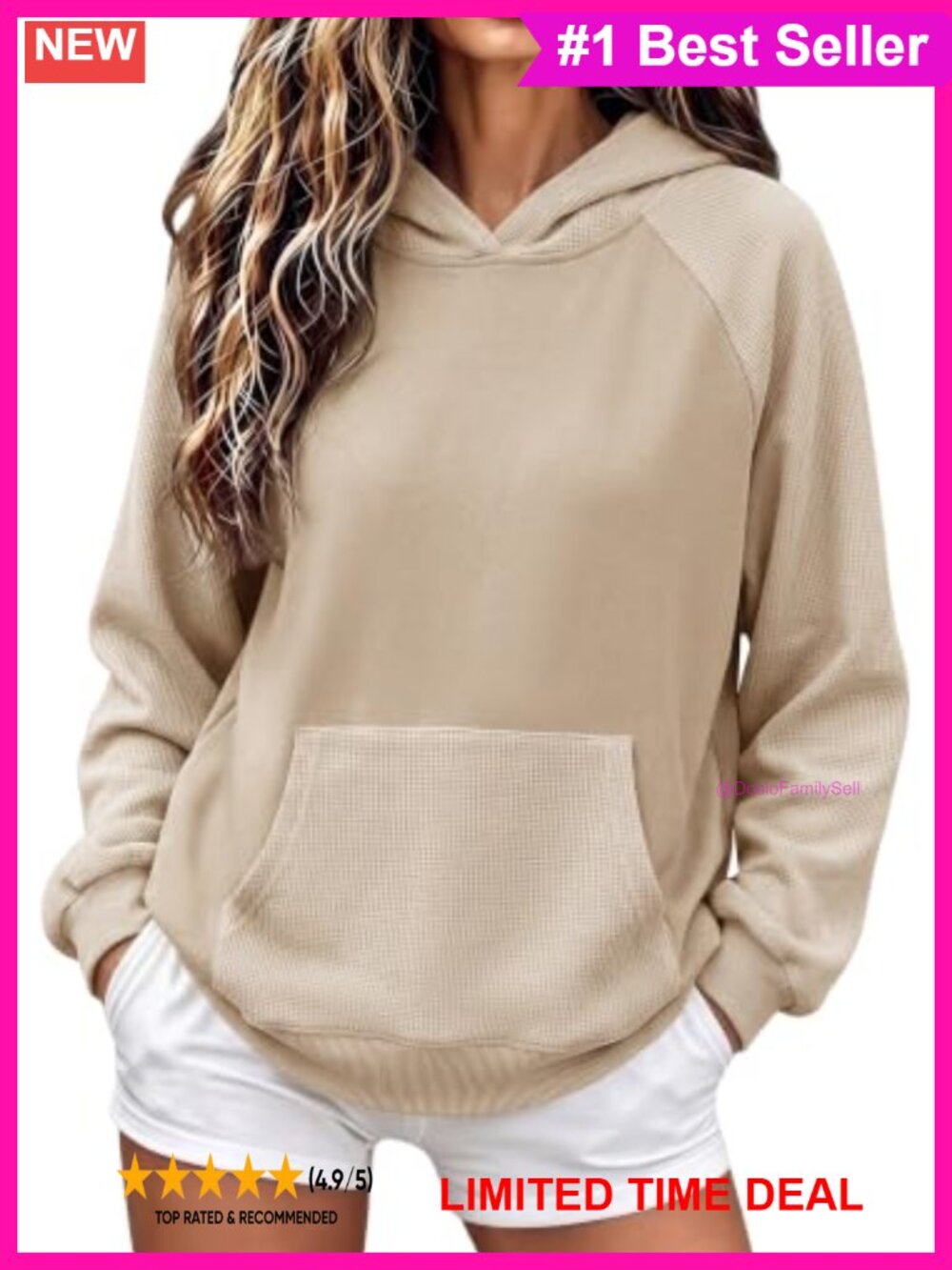 Waffle Knit Hoodie Long Sleeve Pullover Sweatshirt Kangaroo Pocket